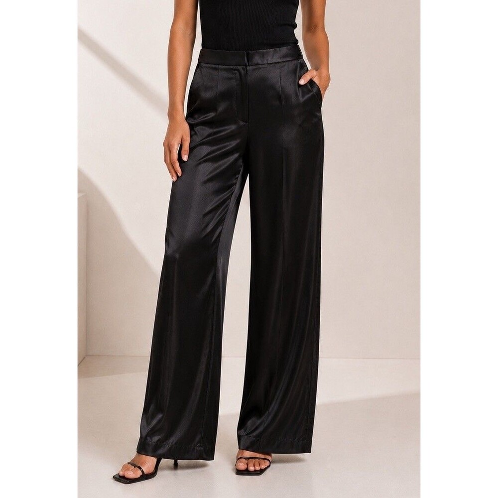 Babaton Black Satin Wide Leg Pants Women Sz 12 Flat front Pull-on Minimalist EUC